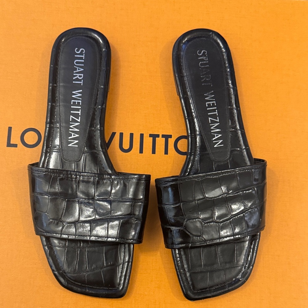 Stuart Weitzman Black Croc-Embossed Leather Slides